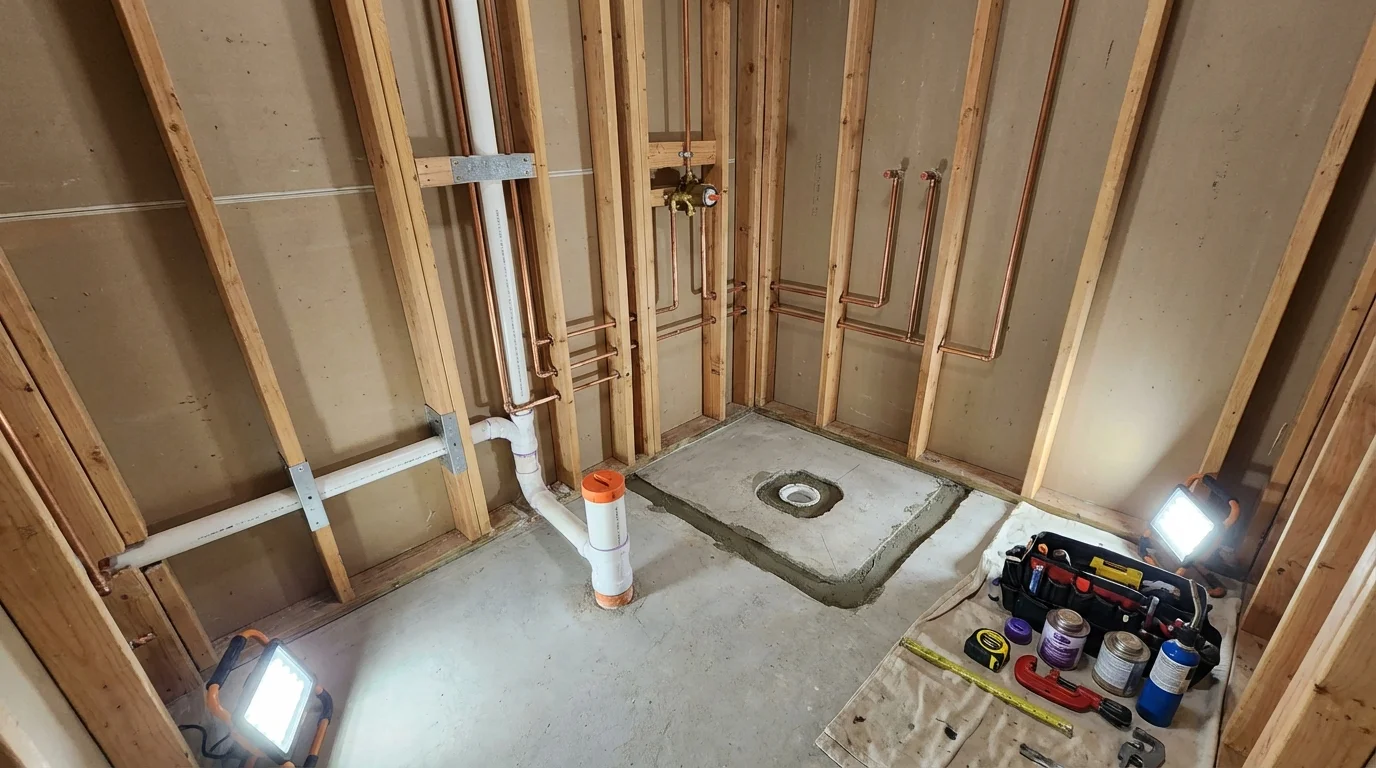 Bathroom rough-in plumbing during remodel by Johns Plumbing LLC in Moca