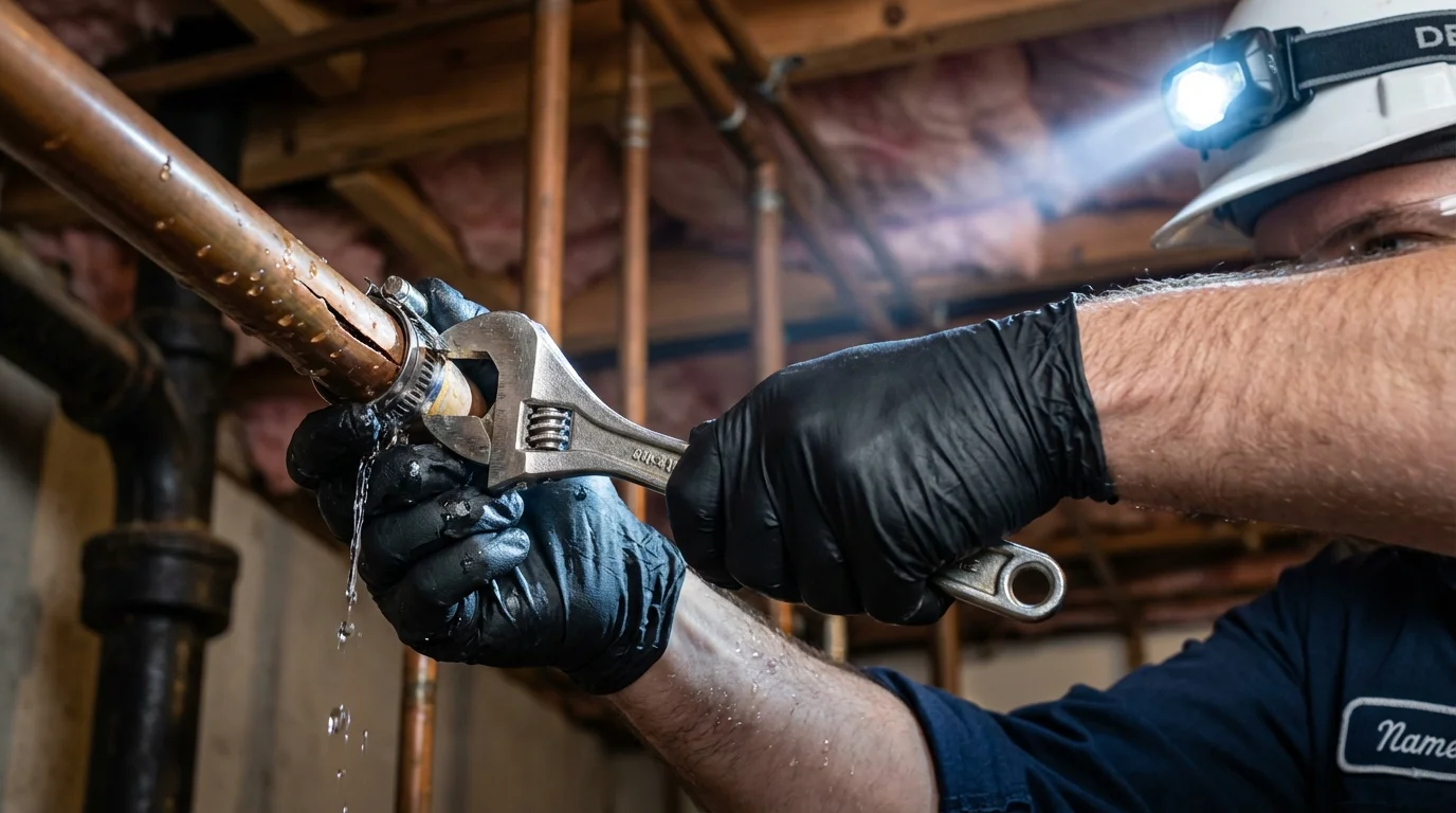 Emergency pipe clamp repair being performed by a Johns Plumbing LLC plumber in Moca