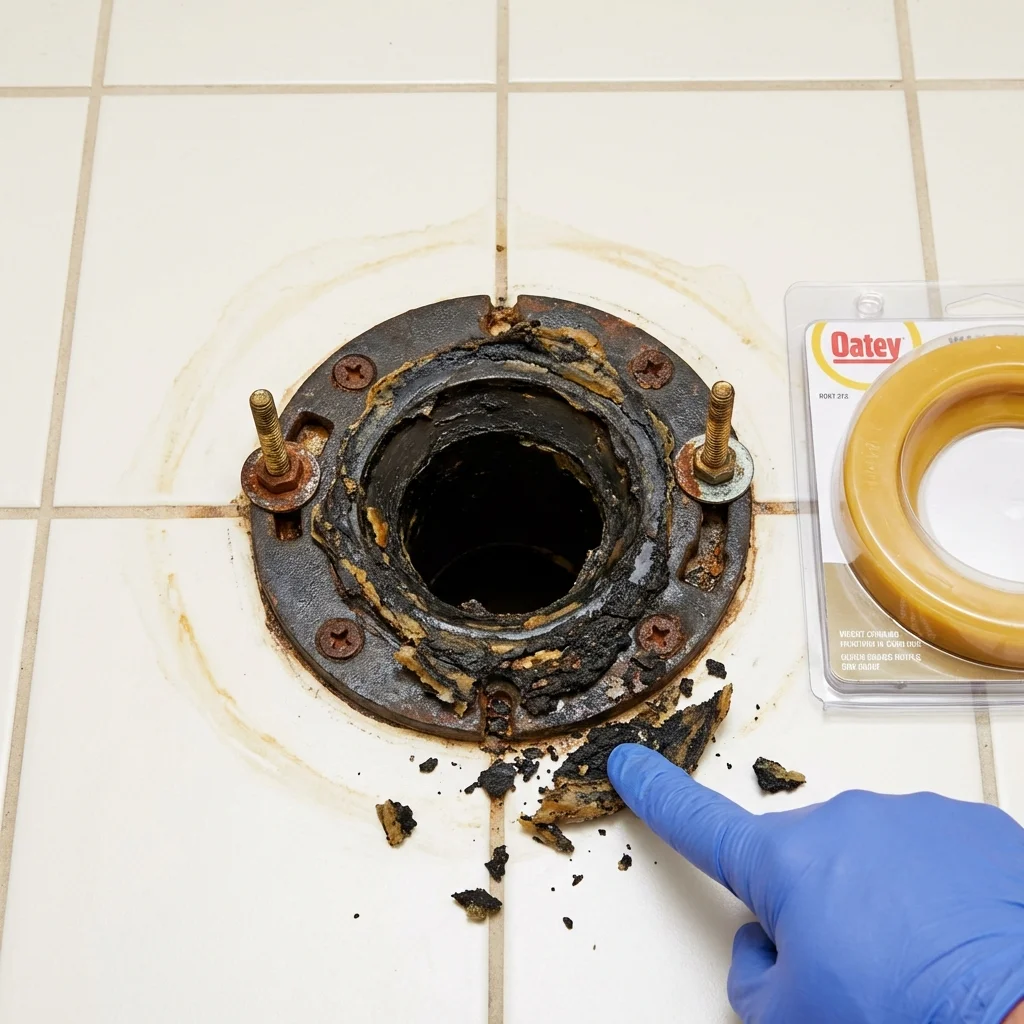 Failed wax ring showing water seepage at the base of a toilet in a Moca, PR home